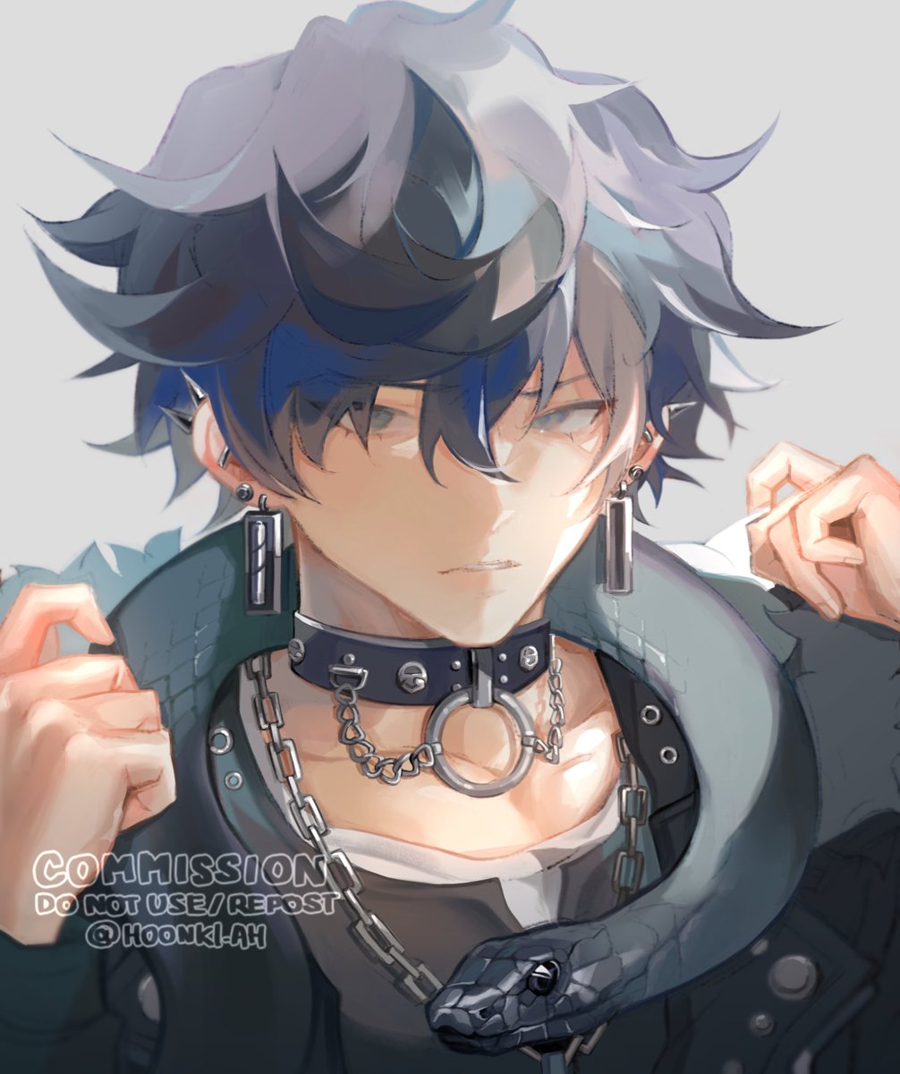 1boy male focus snake jewelry earrings solo chain  illustration images