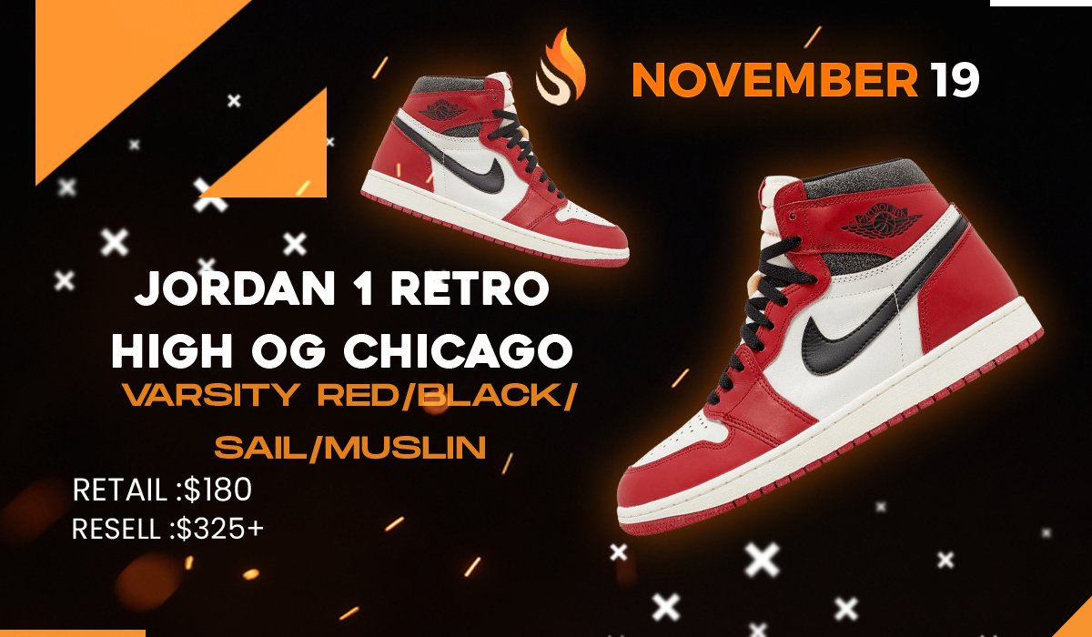 "JORDAN 1 RETRO HIGH OG CHICAGO" is launching on 19th of November🥳

Spark your feet with this amazing release🥵

Are y'all ready to grab these?🤩

Let us know at <a href="/lbfcook/">LBF COOK™</a> ❗

Like💓+RT♻+Tag✅&amp; Keep your DM's open!