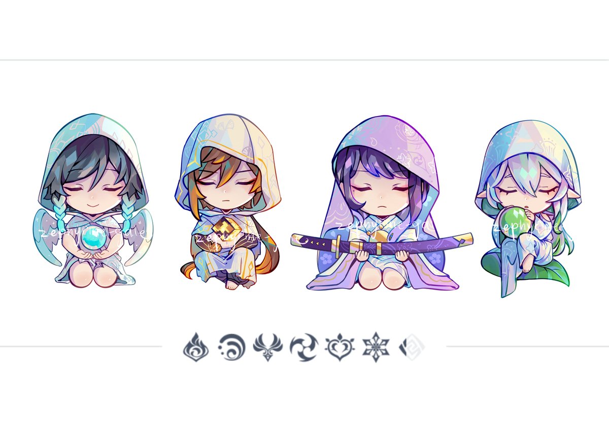 raiden shogun ,venti (genshin impact) ,zhongli (genshin impact) multiple boys closed eyes 2boys weapon long hair hood sitting  illustration images