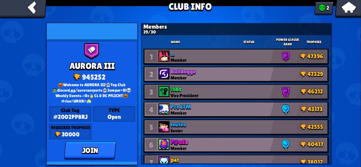 Hey guys! 👋
We search for good and active players in Aurora III!
You should have 30k trophies and play Club League. 
It would be great if you have discord, so that we can give you additional information. ✌
