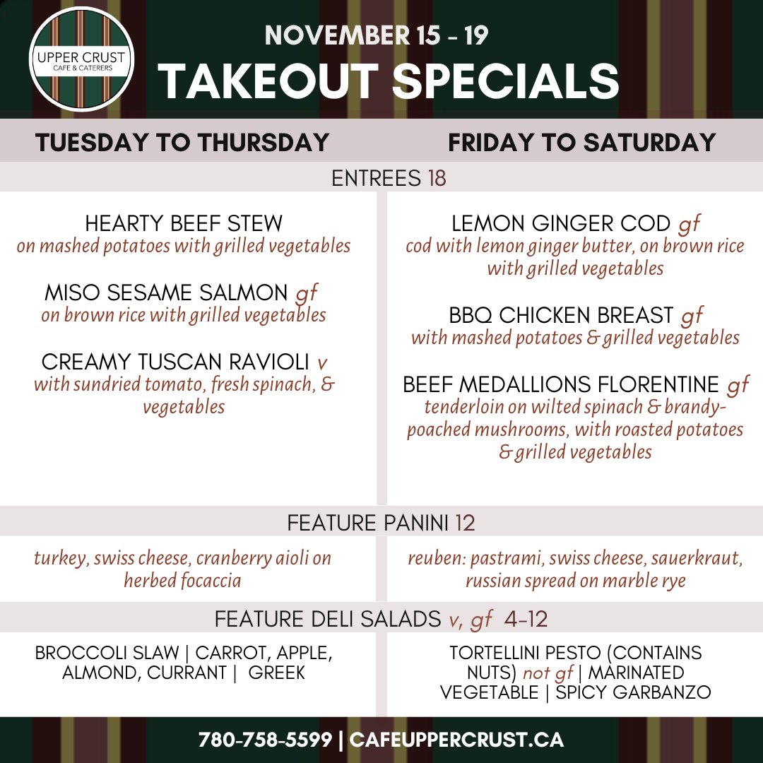 UpperCrustYEG's tweet photo. Another November week, another roster of amazing takeout specials. Whether you need fuel to get a jump on your holiday planning, or you're resting up between events - we are here to support and feed you! #yegfood #yegrestaurants #yegeats #yegtakeout https://t.co/2DQdpB7a5n