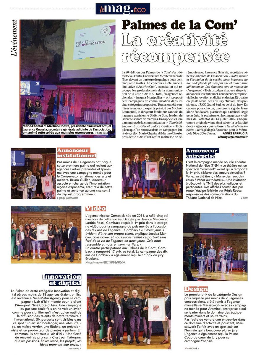 1/2

#PalmesDeLaCom2022 by #AzurProCom !

Reporting #Presse 🗞️ !

Grand merci à Agnès Farrugia et à #NiceMatin pour cet article très complet consacré à la cérémonie de remise des #PalmesDeLacom2022, qui à eu lieu il y a une semaine au Centre Universitaire Méditerranéen à #Nice06.