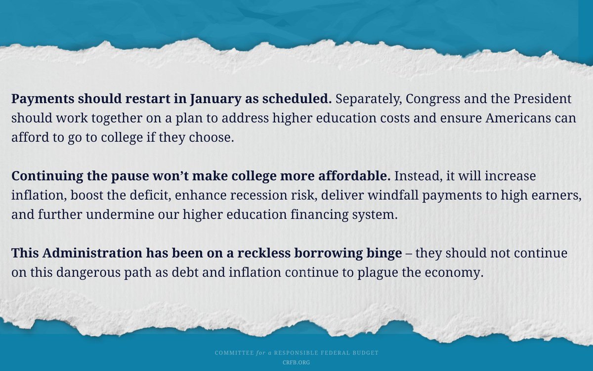 BudgetHawks's tweet image. 🚨 The Biden Administration is reportedly considering an eighth extension of the student loan repayment pause – currently scheduled to end on December 31 – as the President's debt cancellation actions remain halted in court. 

The following is a statement from @MayaMacGuineas: