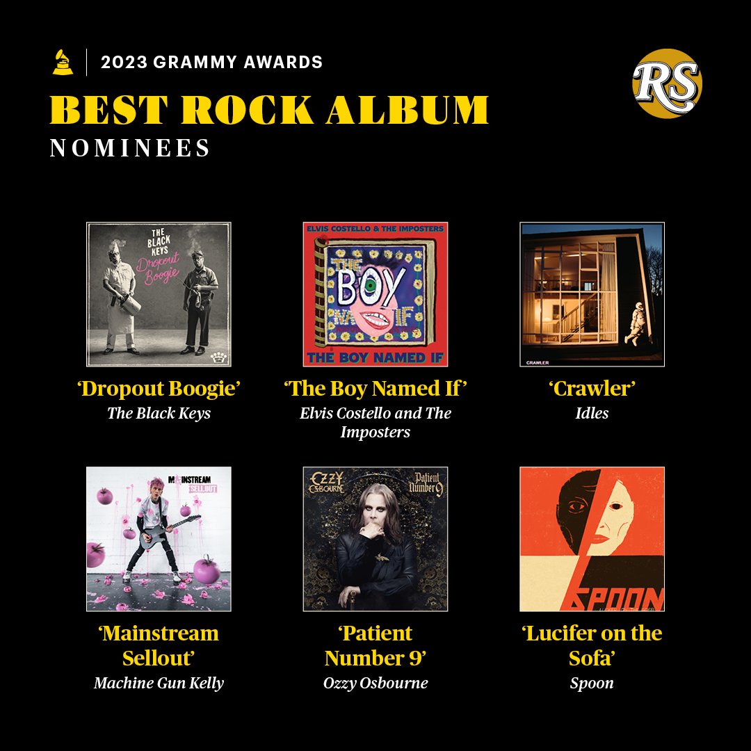 Best Rock Album #GRAMMYs NOMINEES @theblackkeys, Dropout Boogie @ElvisCostello and The Imposters @idlesband, Crawler @machinegunkelly, Mainstream Sellout @OzzyOsbourne, Patient Number 9 @spoontheband, Lucifer on the Sofa Full coverage: RollingStone.com