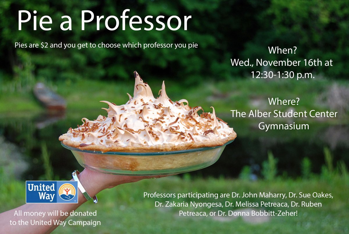 OSUMarion's tweet image. The Pie a Professor event is a fun way to raise money to give to the United Way Campaign.  Stop in the Alber Student Center Gymnasium Wed., Nov. 16th with $2 for your chance to pie a professor!   See below for more details