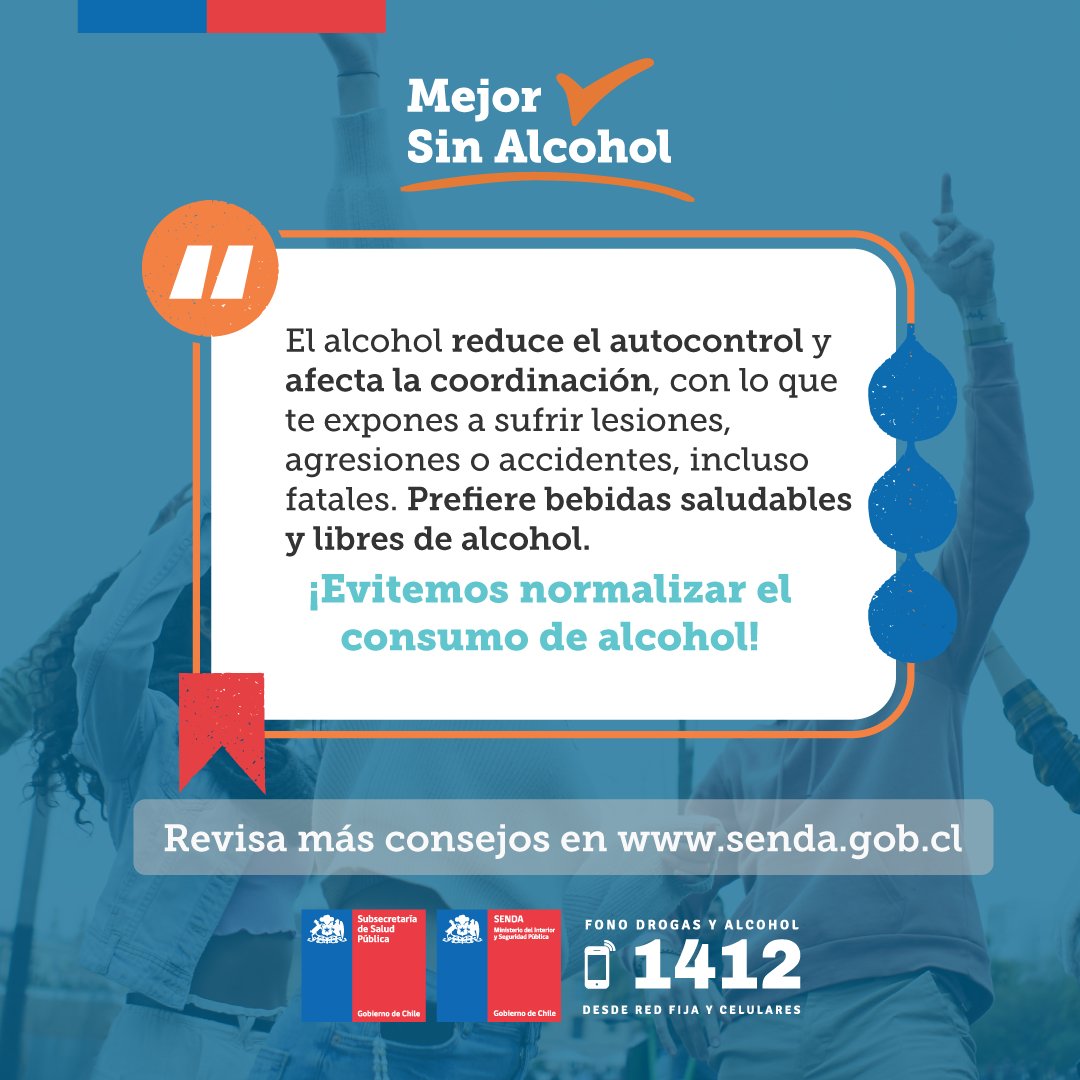 🤕El uso de alcohol te expone a riesgos como agresiones, lesiones o accidentes. 🙌 #MejorsinAlcohol para disfrutar con todos tus sentidos. 👉 Revisa todas las recomendaciones en senda.gob.cl #DíaMundialsinAlcohol