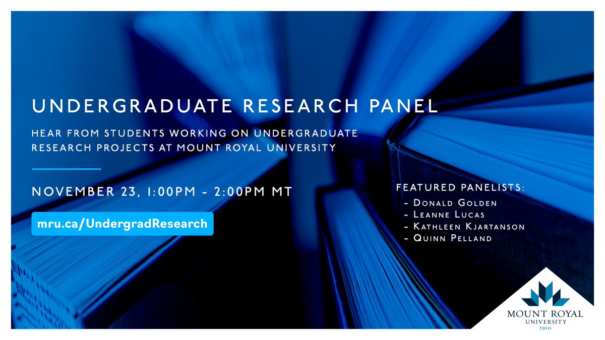 Are you interested in getting involved in a research project while studying at #MRU? Join us on Nov. 23 as four students share their undergraduate research journeys &amp; what their experience was like.

Nov. 23 1:00 - 2:00pm | Ideas Lounge (EL1270)
Register: mru.ca/UndergradResea…
