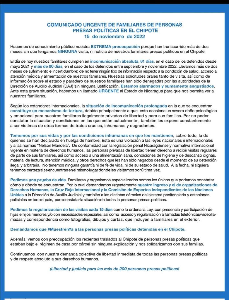 TAMARA_SUJU's tweet photo. #Nicaragua Urgente. Familiares de Presos Políticos en el Centro de Torturas de #ElChipote denuncian la Incomunicación Total de sus familiares, el desconocimiento de su situación física y metal y preocupación x quienes están en Huelga de Hambre. Piden presencia d @ICRC y CEI ONU https://t.co/6jIlLFMvR6