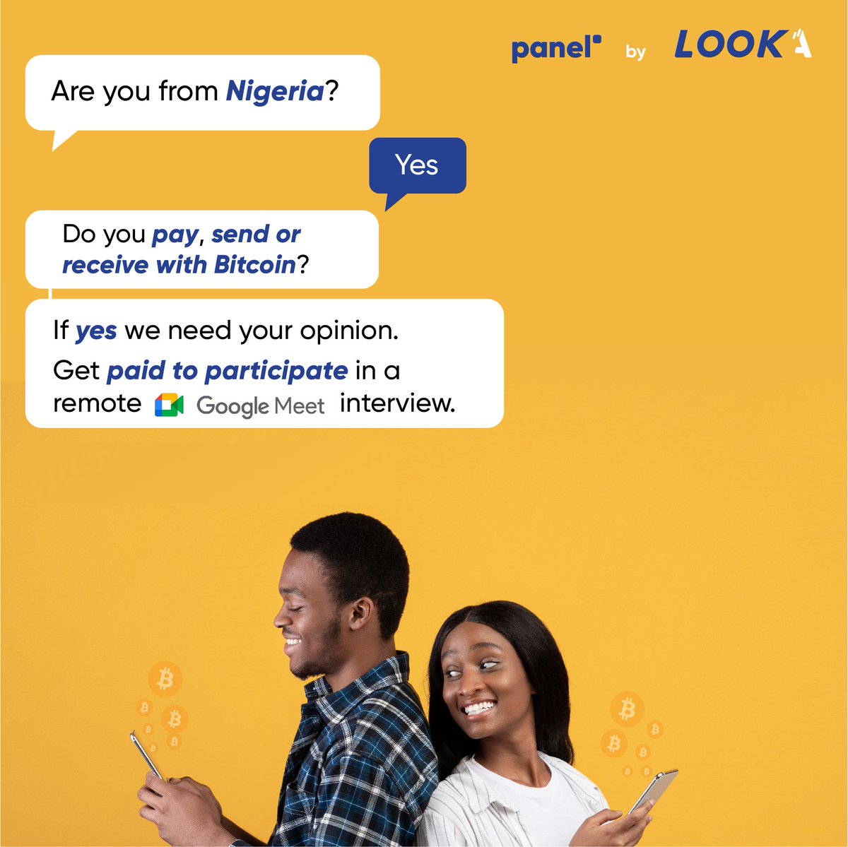 PARTICIPATE AND GET PAID !
Are you from Nigeria?
Do you pay, send or receive with Bitcoin?

Help us answer a few questions and be paid 20 dollars after the session.

Click here to join
docs.google.com/forms/d/e/1FAI…