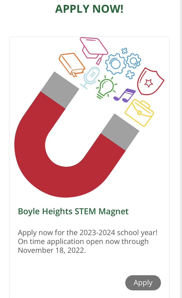 On-time applications are due THIS FRIDAY! Visit our website and click APPLY, or use our school code 1761501 at echoices.lausd.net 🖊️

Feel free to give us a call for some assistance! 📞