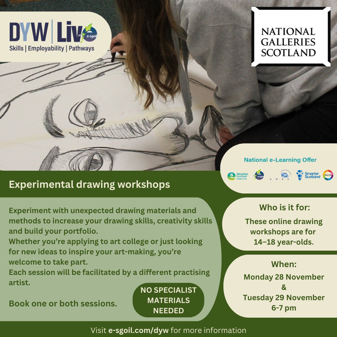 Calling all art students! 🎨✏️
Experiment with unexpected drawing materials and methods to develop your drawing skills and build your portfolio.
For more information &amp; sign up e-sgoil.com/national-galle…
Please note - Glow login required
#NeLO #DYWLive
<a href="/EducationScot/">Education Scotland</a> <a href="/NatGalleriesSco/">National Galleries of Scotland</a>
