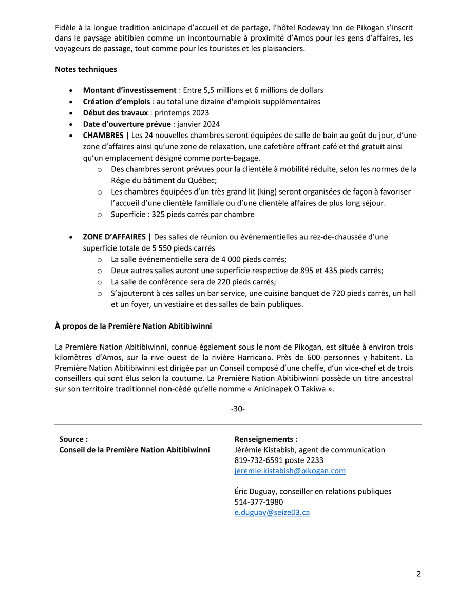 SEIZE03_fil's tweet photo. Communiqué : Abitibiwinni annonce un investissement majeur pour l'agrandissement de son hôtel à Pikogan
#Abitibiwinni #Pikogan #RodewayInn #projet #premièresnations #investissement #Autochtones #communiqué https://t.co/ZQe9WpFotJ