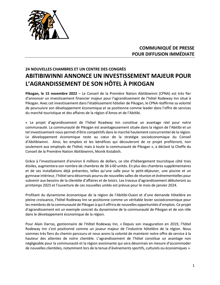 SEIZE03_fil's tweet photo. Communiqué : Abitibiwinni annonce un investissement majeur pour l'agrandissement de son hôtel à Pikogan
#Abitibiwinni #Pikogan #RodewayInn #projet #premièresnations #investissement #Autochtones #communiqué https://t.co/ZQe9WpFotJ
