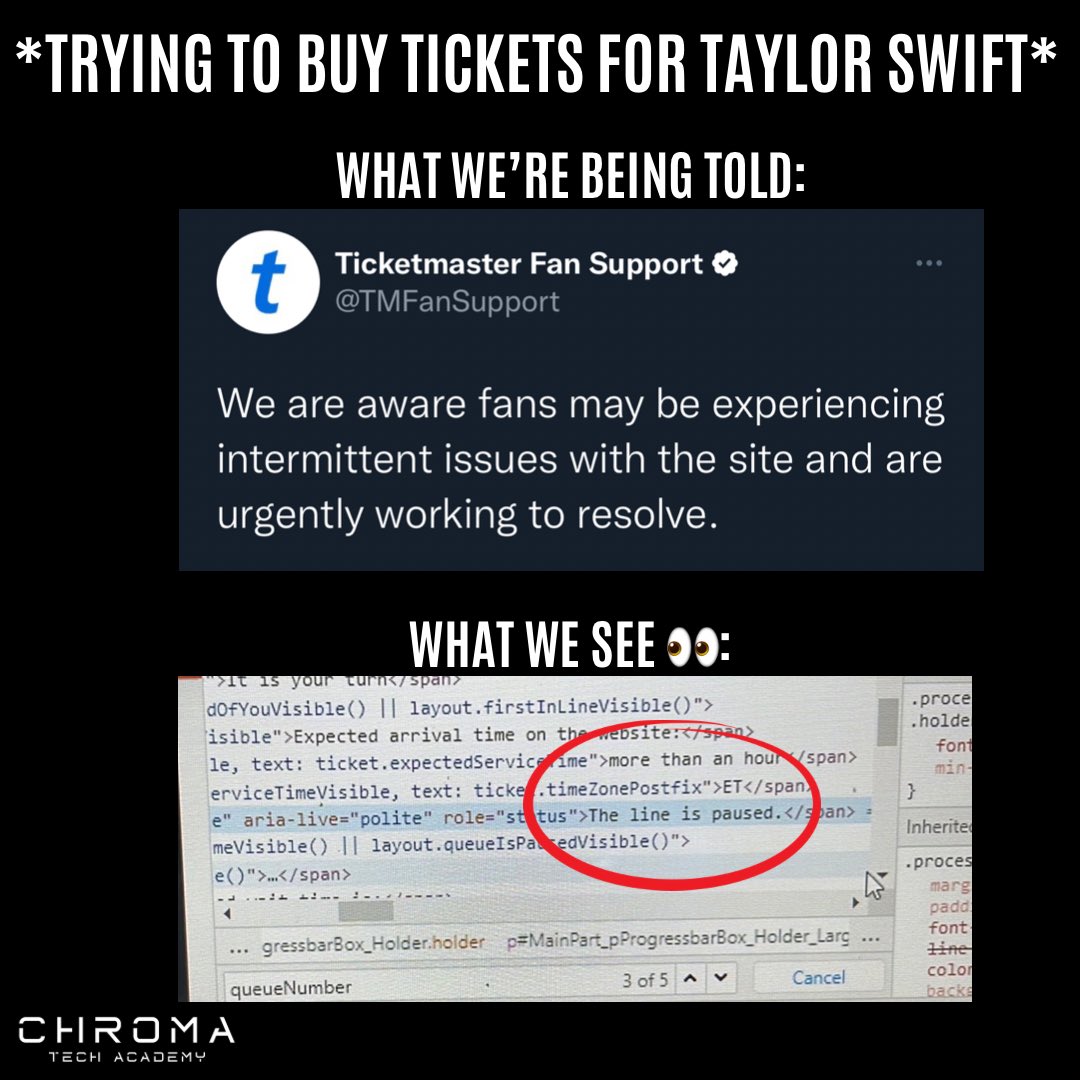 ChromaTechAcad's tweet photo. When you learn code so you peep the code for Ticketmaster to see why you’ve been waiting in the queue for so long. We see that line paused, Ticketmaster 👀

#chromatechacademy #Coding #codingbootcamp #workfromhome #SoftwareTesting https://t.co/h44w4lnrwI