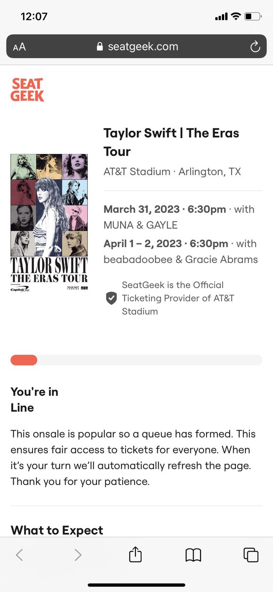 Yall.... my spot in the queue for tswift tickets at AT&amp;T Stadium, Arlington Texas has not moved and has actually gone further back in the queue. Everyones screen looks the same😭🥺 <a href="/SeatGeek/">SeatGeek</a> <a href="/taylorswift13/">Taylor Swift</a> this is a patience game😅 we can do this🤍✨