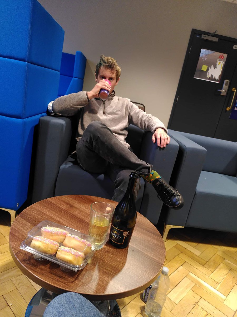 Many congratulations to IDC PhD student Matt Tipuric, who successfully defended his thesis today, passing with minor corrections. Here he is celebrating with non-alcoholic prosecco &amp; donuts🍩🥂! Well done, we are very proud of you!