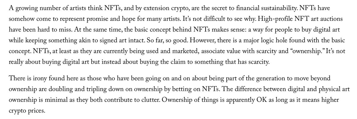 neilcybart's tweet image. I don't write or talk much about crypto etc. largely because I think it's mostly noise. I did publish this essay on NFTs/crypto over at @InsideOrchard in March 2021.  The essay is aging quite well. 

NFTs, Tulips, and Misplaced Artist Hope
insideorchard.com/essays/nfts-an…