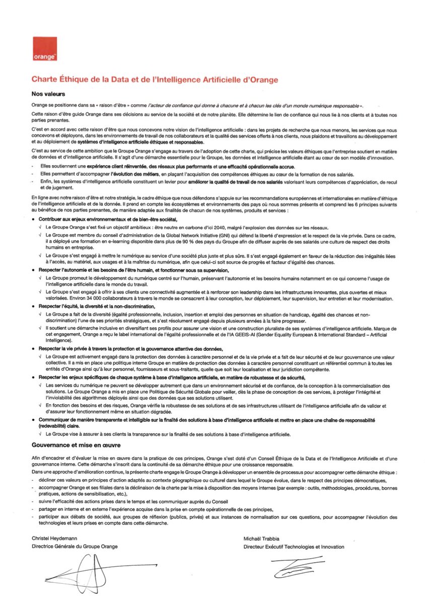 Très fier de signer avec <a href="/Cheydema/">Christel Heydemann</a> la charte #éthique #data et #IA d’Orange

✅ au service de l’humain (clients, salariés) et non l’inverse
✅ en luttant contre les biais et les discriminations
✅ communication claire et transparente

#RaisondEtre 🧡

👉 newsroom.orange.com/orange-adopte-…