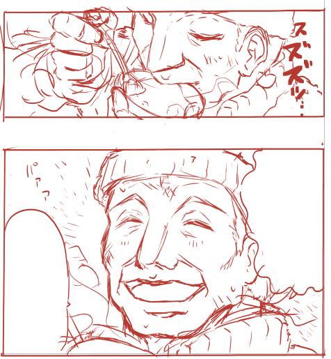 森久保オンリー本描いてるはずなんだけどめっちゃいい笑顔でスープすするおじさん描いてる 