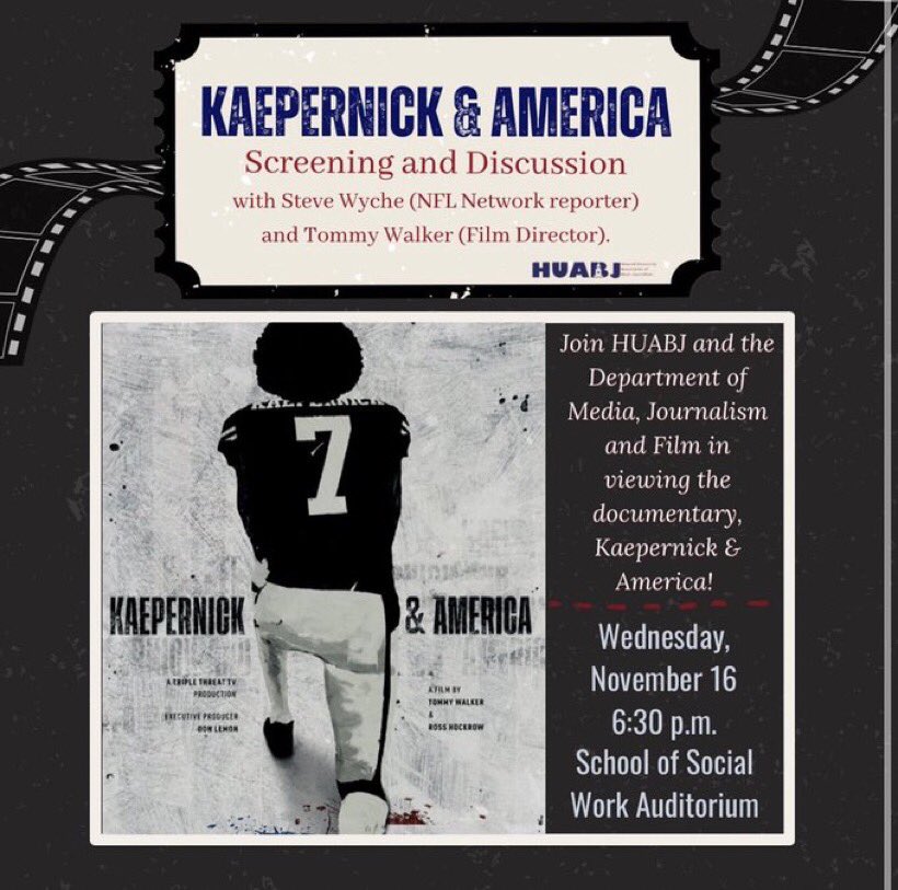 Tomorrow: Kaepernick and America featuring <a href="/howarduchsoc/">Cathy Hughes School of Communications</a> alumnus <a href="/wyche89/">Steve Wyche</a>. Hope to see you there!