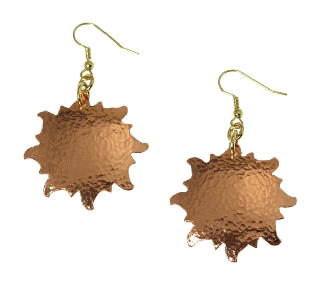 Elegant Hammered Copper Sunburst Drop Earrings Shown by John S Brana Handmade Jewelry #JohnSBrana johnsbrana.com/products/hamme… #7thAnniversary #HandmadeJewelry #SunburstEarrings