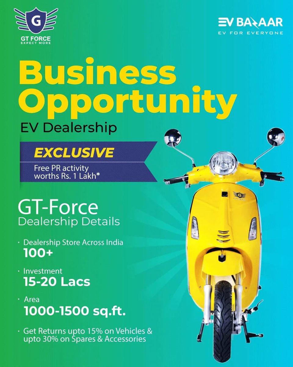 EvBazaar's tweet photo. E-scooters are in high demand. ⚡ Want to start selling them and earn big profits?

Become a GT-Force e-scooter dealer today and open your doors to new earnings.

Call us at 9911229994
Visit us at: https://t.co/ptdM5ZHRSP 
*T&amp;C Apply

#business #newbusiness #businessopportunity https://t.co/qqWPQ3ac09