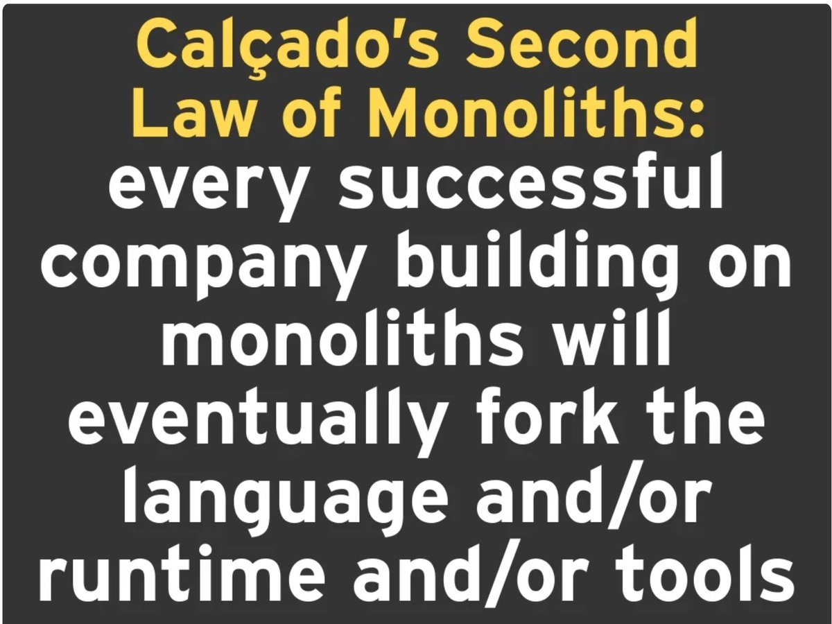 You'd think people have never worked within a large monolith. It's not like those are free of organizational issues and tech debt. Scaling a monolith comes with incredible complexity at scale, that complexity is just elsewhere. <a href="/pcalcado/">✨ Phil Calçado</a> is spot on here 😄
