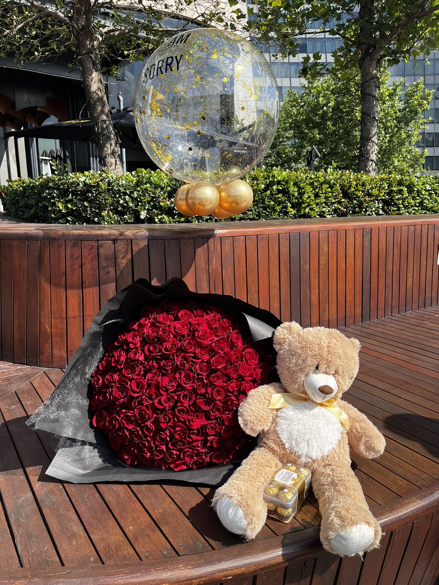 150 Red Roses accompanied by a teddy bear, chocolates and personalised balloon ♥️ WhatsApp: 081 799 7258