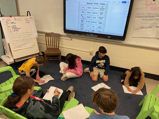 Working with writing partners to create a story that includes the narrative elements we have been studying during immersion! Can't wait to get them to start working on their own stories - their creativity is contagious!