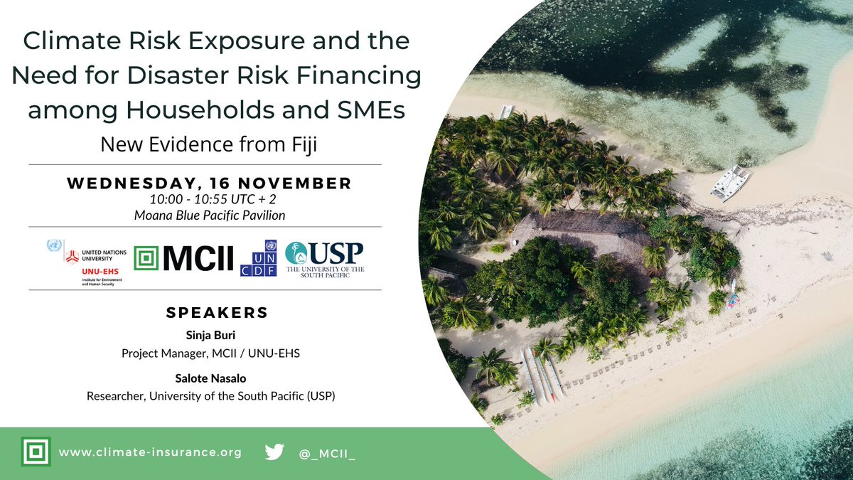 MCII (@_mcii_) on Twitter photo Join us tomorrow at #CO27 at the #MoanaBluePacificPavilion for new research insights from Fiji on climate risk exposure and the need for disaster risk financing among rural households and SMEs!
@UNCDFdigital <a href="/BuriSinja/">Buri.Sinja</a> <a href="/NasaloSalote/">Salote Nasalo</a> <a href="/NKrishnan65/">Krishnan</a> <a href="/UniSouthPacific/">The University of the South Pacific</a> <a href="/pace_sd/">PaCE-SD</a> Join us tomorrow at #CO27 at the #MoanaBluePacificPavilion for new research insights from Fiji on climate risk exposure and the need for disaster risk financing among rural households and SMEs!
@UNCDFdigital <a href="/BuriSinja/">Buri.Sinja</a> <a href="/NasaloSalote/">Salote Nasalo</a> <a href="/NKrishnan65/">Krishnan</a> <a href="/UniSouthPacific/">The University of the South Pacific</a> <a href="/pace_sd/">PaCE-SD</a>