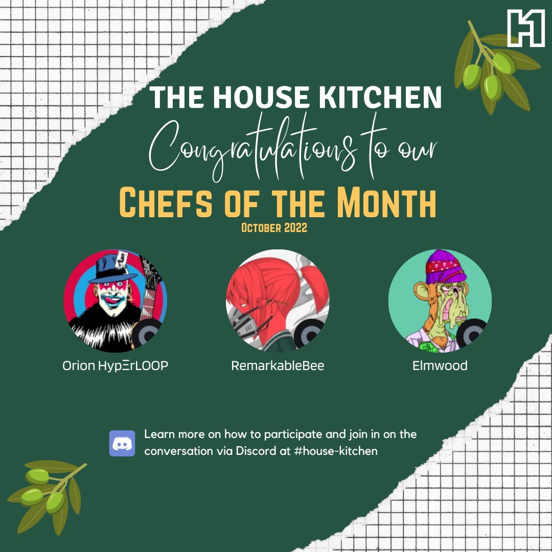 HouseofFirst's tweet photo. 👩🏾🍳October Top Chefs👨🏻🍳
Congratulation to this month #HouseofFirst Top Chefs! 🍽
- @remarkable_bee
- @OrionHyperloop
- @Elmwood820
You each won an unrevealed #RemarkableMomentsNFT by @rachel__winter
Check out the #housekitchen channel, share your amazing food pics, and win! https://t.co/bjXRIzKujV