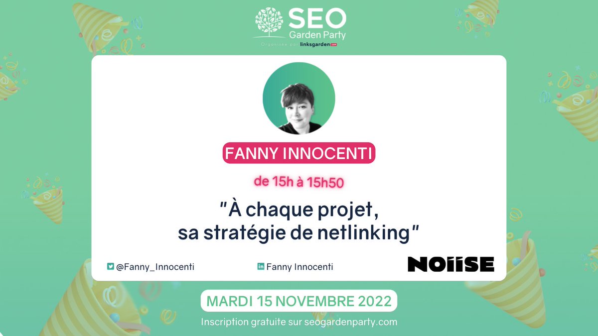 linksgarden's tweet photo. 🎉SEO Garden Party : Fanny Innocenti !

C’est à @Fanny_Innocenti de @noiise_agency de nous présenter sa conférence :

« À chaque projet, sa stratégie de netlinking »

🟣 Twitch : https://t.co/H0XtvaVUMg
🔴 YouTube : https://t.co/QhWS0bbjbQ https://t.co/9oW76bp0oX