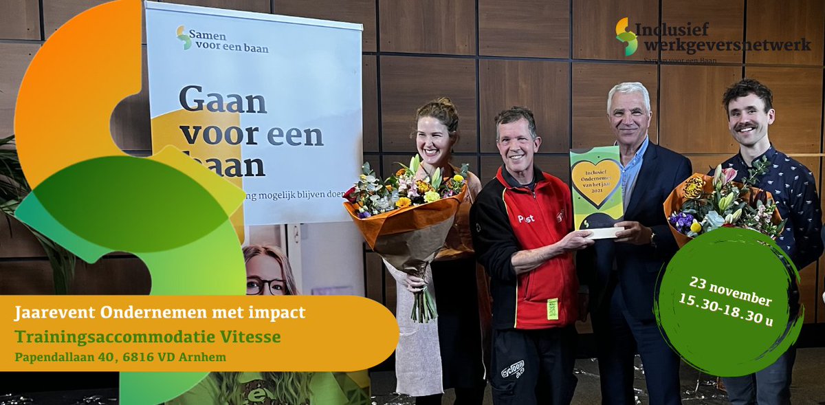 Ben jij erbij inclusieve ondernemer? Op 23-11 het Jaarrevent 'Ondernemen met impact'.
Want het Inclusief Magazine nr4 verschijnt,  
Afstudeerprijs #Inclusiviteit 2022 uitgereikt en #InclusiefOndernemer2022 bekend gemaakt. 
Aanmelden: samenvooreenbaannetwerk.nl/agenda/jaareve…