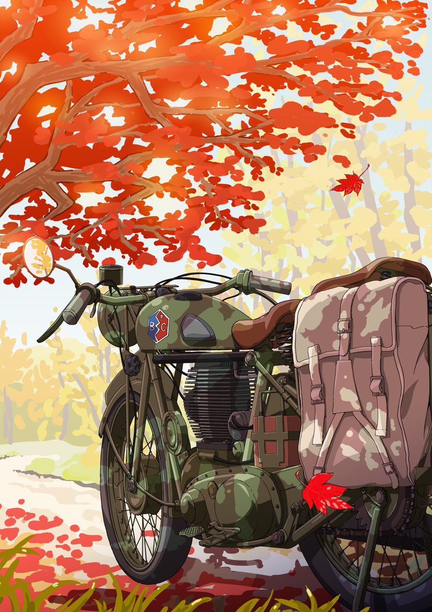 motor vehicle ground vehicle no humans motorcycle tree emblem autumn leaves  illustration images