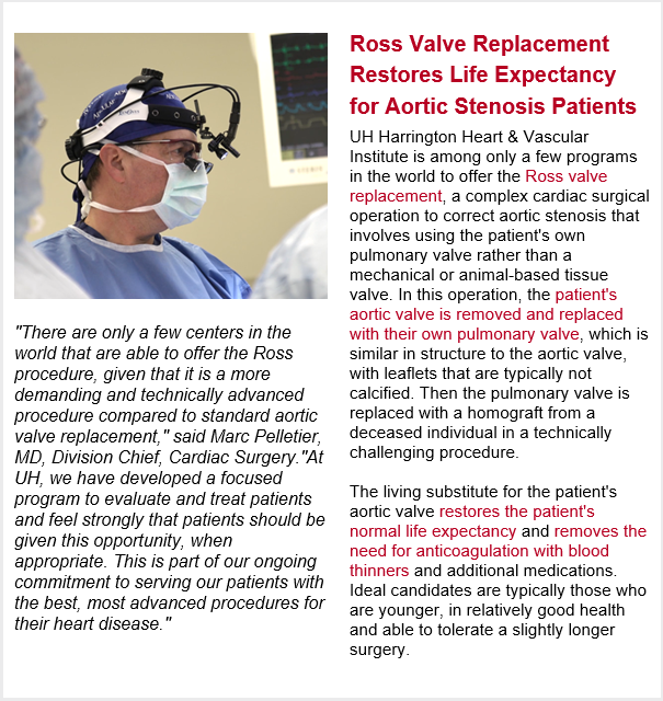 Ross valve replacement (#RossProcedure) involves replacing the patient's #aorticvalve with their own pulmonary valve. Dr. Pelletier @MarcPPelletier discussing aortic valve surgery @UHhospitals Harrington Heart & Vascular Institute.