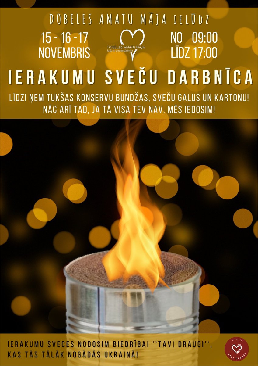 dpknlv's tweet image. 🇱🇻 Valsts svētku priekšvakarā  biedrība "Tavi draugi" un  @dobelesamatmaja aicina  iesaistīties ierakumu sveču izgatavošanā. Pievienojies  vai nes jau mājās izgatavotas sveces! Sveces tiks nogādātas biedrībā, kura tās tālāk nogādās Ukrainas aizstāvjiem 💙💛