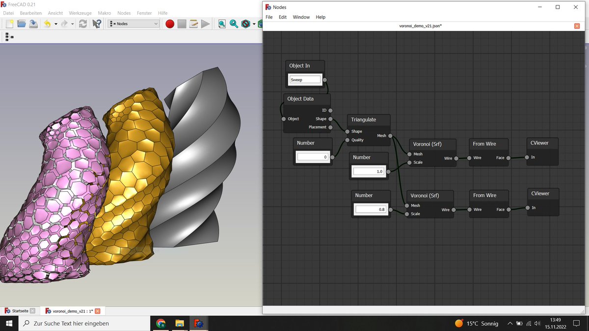 #FteeCAD #Showcase new #Voronoi node for #Nodes wb  available! Split BRep surfaces into Voronoi cells, scale + evaluate for further modeling (e.g. extrude, extract edges + vertexes etc.)! This should allow you to model interesting structures for CNC router! #MadeWithFreeCAD #fc3d