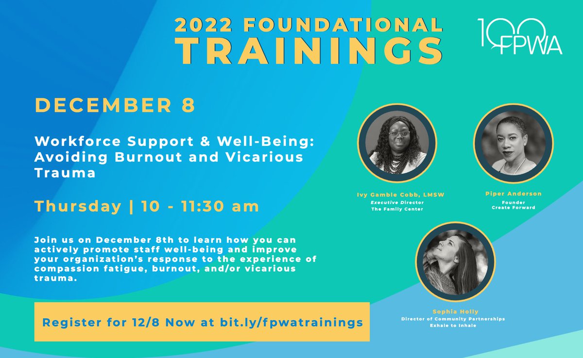 FPWA's tweet image. Join us on December 8 to learn how you can actively promote staff well-being and improve your organization’s response to the experience of compassion fatigue, burnout, and/or vicarious trauma.

Register today at bit.ly/3WYEVI9