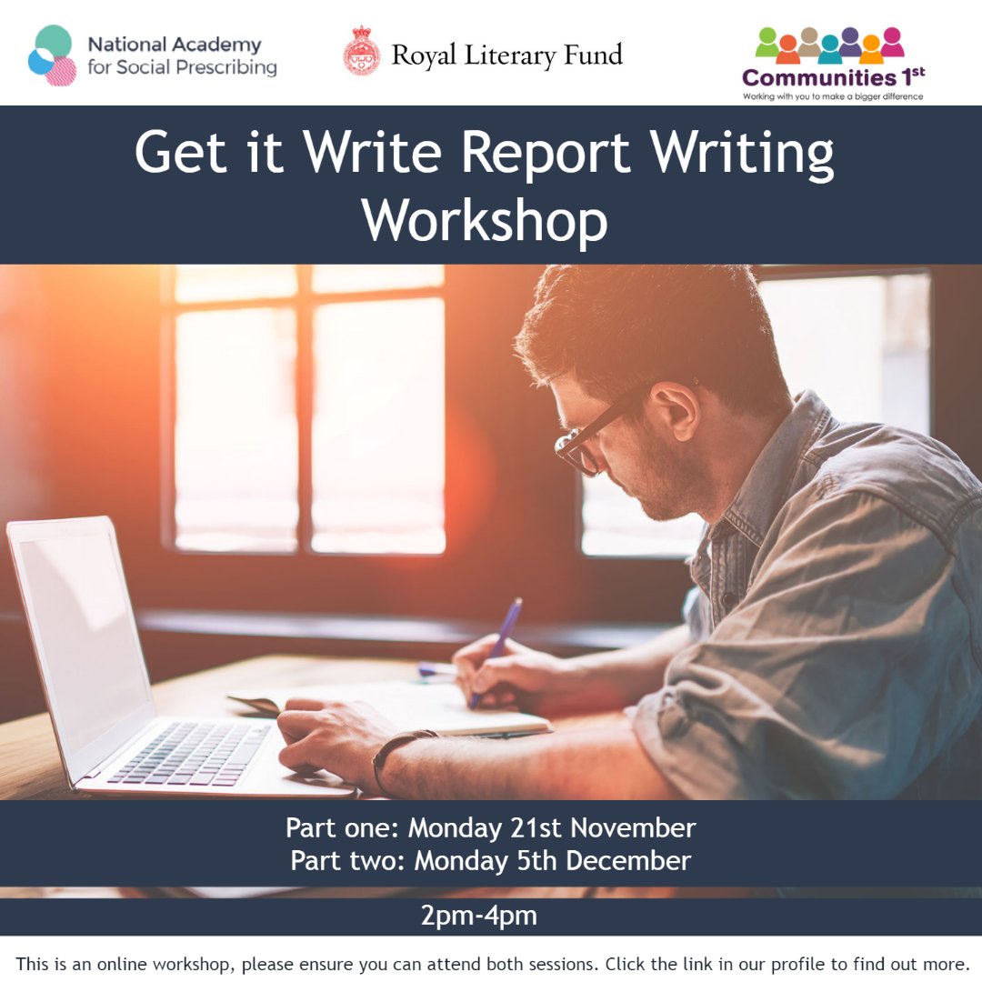 Our Get it Write Report Royal Literary Fund Workshop is coming up next week! Click below to register your place today <a href="/NASPTweets/">The National Academy for Social Prescribing</a>  #socialprescribing #report 
communities1st.org.uk/civicrm/event/…