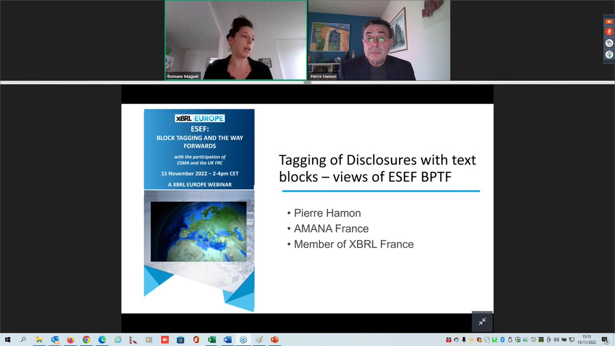 Right now
A webinar XBRL Europe: #ESEF: Block tagging and the way forwards 
Tagging of disclosures with text blocks – views on ESEF BPTF – Introduction by Romane Maguet, XBRL France BM&amp;A – Speaker: Pierre Hamon, XBRL France, Amana
xbrleurope.org/?p=5945