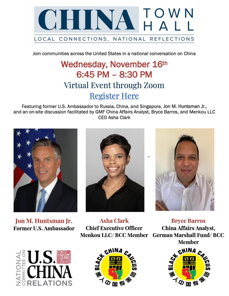 BLKChinaCaucus's tweet photo. Tomorrow is the day! Join @BLKChinaCaucus and our partners  @NCUSCR for the 2022 #China Town Hall program featuring former US Ambassador @JonHuntsman and #BCC members @clark_noatlanta, CEO of MenKou LLC and @gmfus China Analyst @barros_bryce! 

https://t.co/xAqMTSpGXY https://t.co/Xaxt8D6MDi