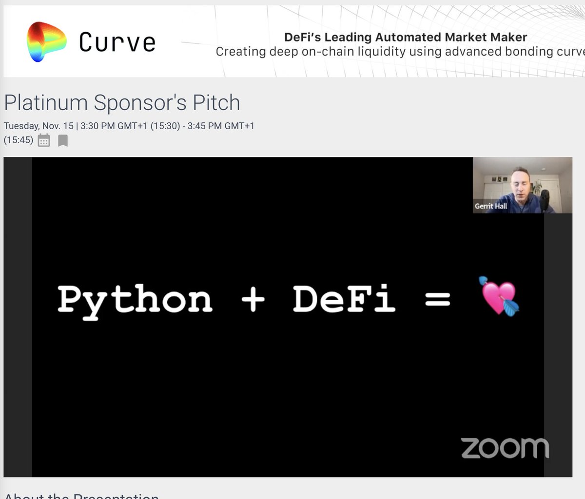 Live on main stage now: #python ❤️ #defi by <a href="/CurveFinance/">Curve Finance</a>