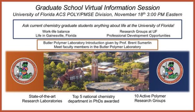 Chemistry PhD @ufpolypmse virtual open house. Phenomenal opportunity to learn more about doing your PhD @UFChemistry. Come learn about the exciting research happening in the @PrenticeLabUF @GroupQuintana @ButlerPolymer @LowDispersity @LabRudolf @SearlesGroupUFL and many more.