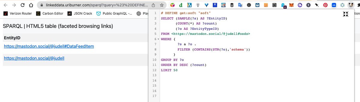 kidehen's tweet photo. Here's a #SPARQL query targeting the #KnowledgeGraph exposed via @judell's data space on
@Mastodon.
https://t.co/flG5P7zNxY
Just click to explore!
#Web30 #DataAccess #DataConnectivity #LinkedData #HyperData #RSS #Blogosphere #TypoFix https://t.co/0SUFlkGsbg