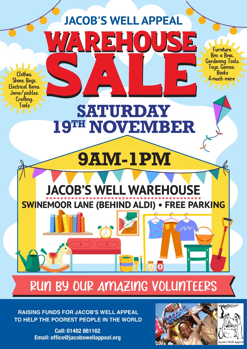 HUGE WAREHOUSE CLEARANCE: SAT 19TH NOV. Warehouse on Swinemoor Lane. LOADS OF BARGAINS &amp; XMAS DECORATIONS.
Please come along &amp; help us clear stock &amp; raise Funds for our Humanitarian projects. PLENTY OF FREE PARKING!