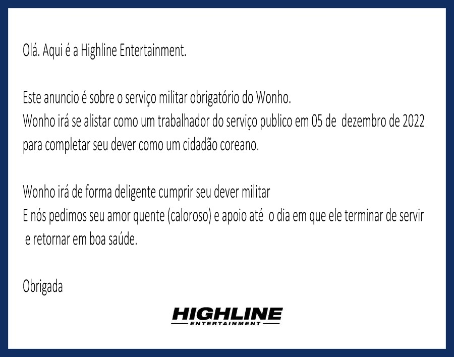 Wonho_Brasil's tweet photo. Wonho irá se alistar em 05 de dezembro de 2022.

#WONHO #원호 #ウォノ  
@official__wonho @official_WH_jp https://t.co/ya2Q7hHEd5