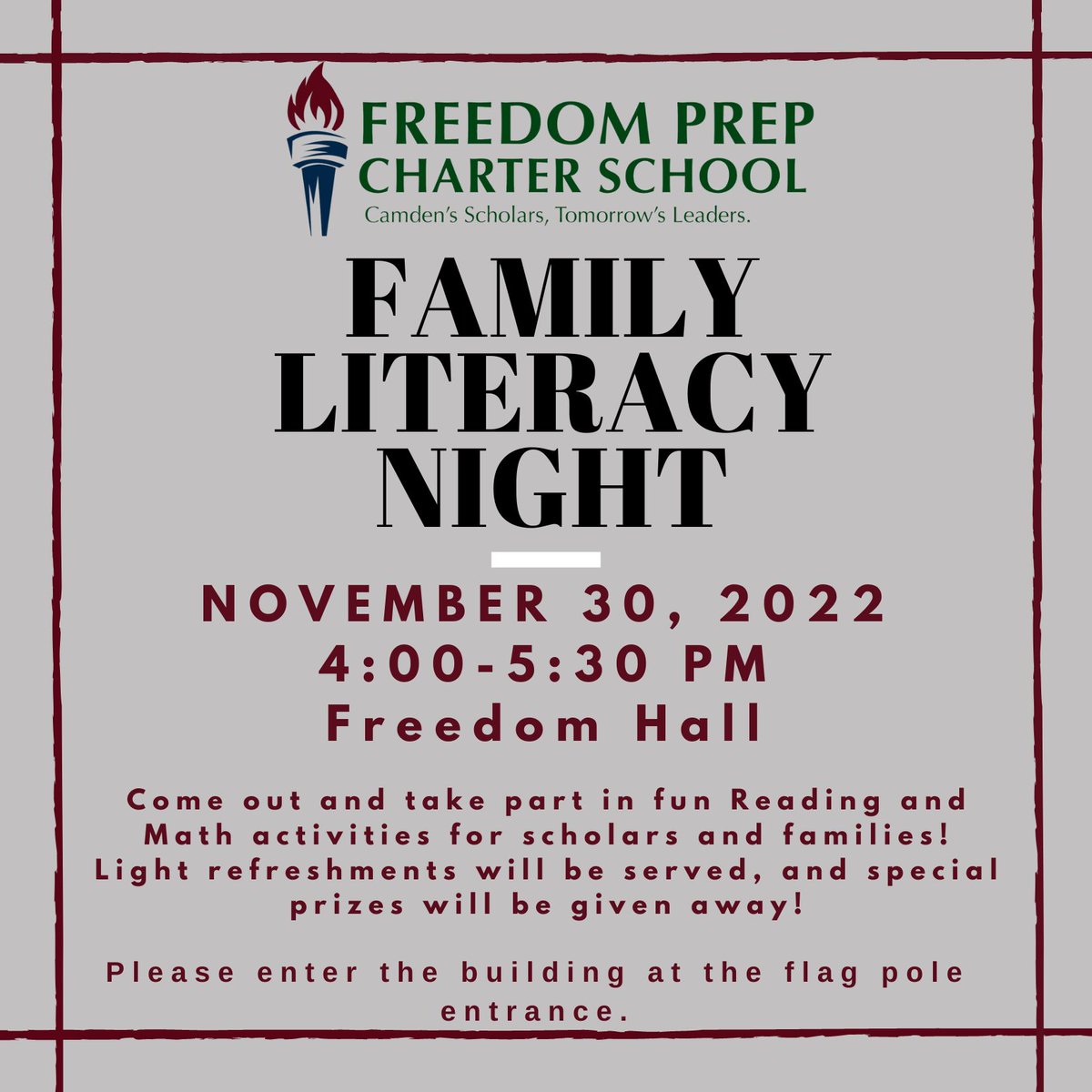 FreedomPrepNJ's tweet photo. Come out and join us on November 30, 2022, from 4:00-5:30 PM in Freedom Hall and take part in fun Reading and Math activities for scholars and families!

Light refreshments will be served, and special prizes will be given away!
•
•
#fpcs #FPCSOnTheRise #charterschools #camdennj https://t.co/wwY1PM9r3T
