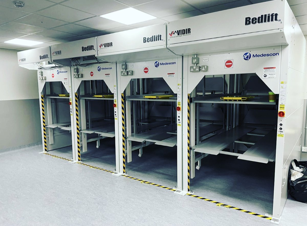 Our latest installation @Royalfreehospital who can now enjoy their hospital beds being stored orderly, taking up 70% less floor space!!  #floorspace #verticalstorage #storevertical #hospitalbeds
