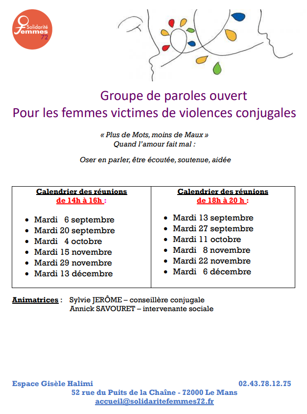 Accueil72's tweet photo. Retrouvez toutes les dates de nos groupes de parole pour les femmes victimes de violences de couple.

🔗:https://t.co/NrCji558ev https://t.co/mLqTazL63w