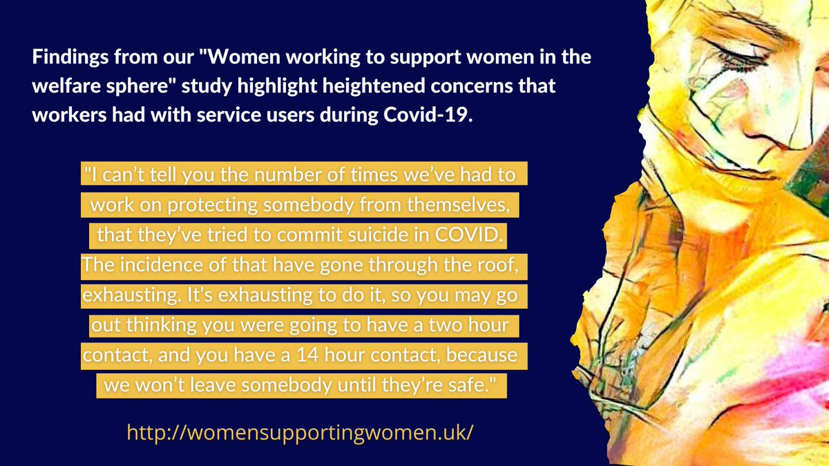 Emerging findings from interviews w/managers &amp; frontline workers highlight emotional exhaustion, excessive working hours &amp; erosion of professional boundaries as the norm while supporting service users through Covid-19 #womensupportingwomen